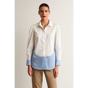 Magaschoni Colorblock  White and Blue Button Up Shirt with Silver Trim Details 2